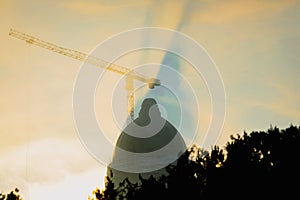 Silhouette of the construction site of Ã¢â¬ÅCatedrala Mantuirii NeamuluiÃ¢â¬Â People`s Salvation Cathedral at sunrise